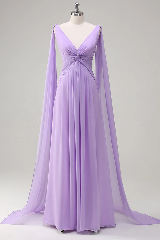 Beaira Elegant Lilac A-Line V Neck Chiffon Long Bridesmaid Dress with Flowing Cape Sleeves
