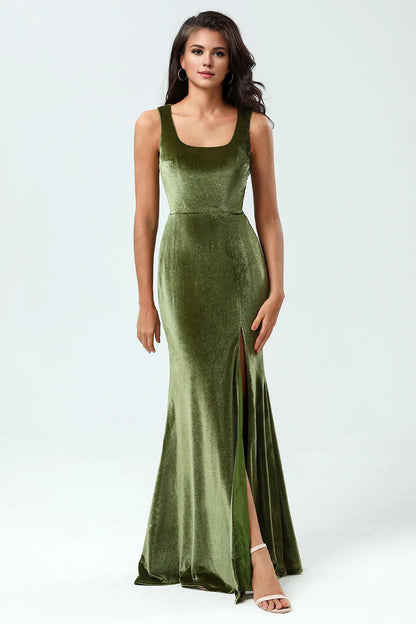 Beaira Mermaid Square Neck Floor-Length Velvet Bridesmaid Dress with Slit Bridesmaid dress shop
