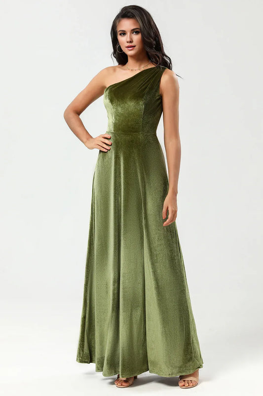 Beaira A Line One Shoulder Floor-Length Velvet Bridesmaid Dress with Slit Bridesmaid dress shop