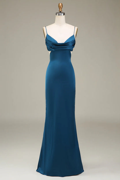 Beaira Sheath Peacock Spaghetti Straps Long Satin Bridesmaid Dress Bridesmaid dress shop