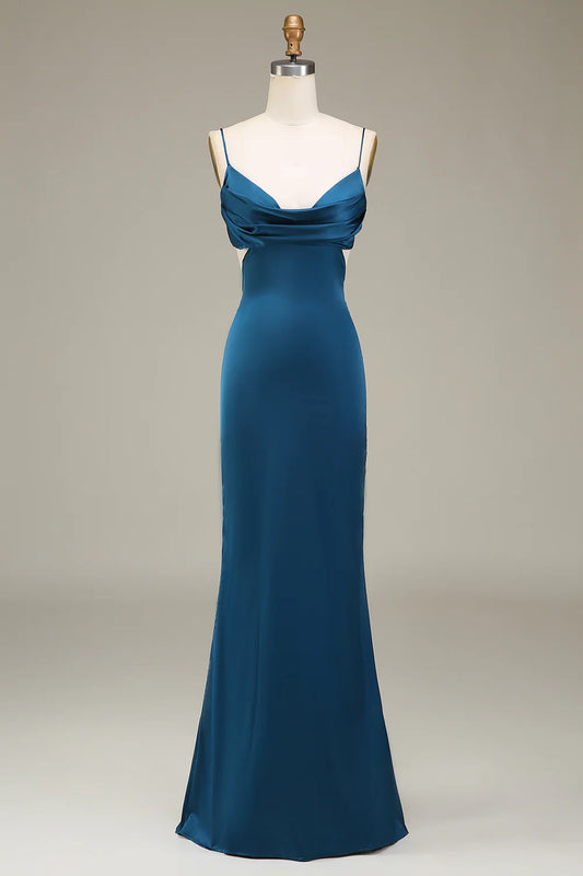 Beaira Sheath Peacock Spaghetti Straps Long Satin Bridesmaid Dress Bridesmaid dress shop