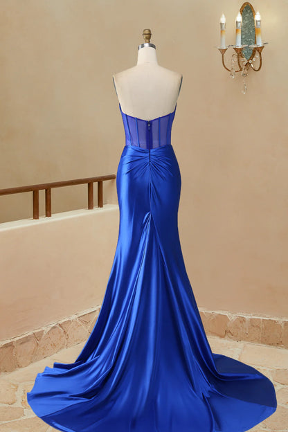 Sheath Satin Strapless Pleated Boning Sheer Long Prom Dress with Slit