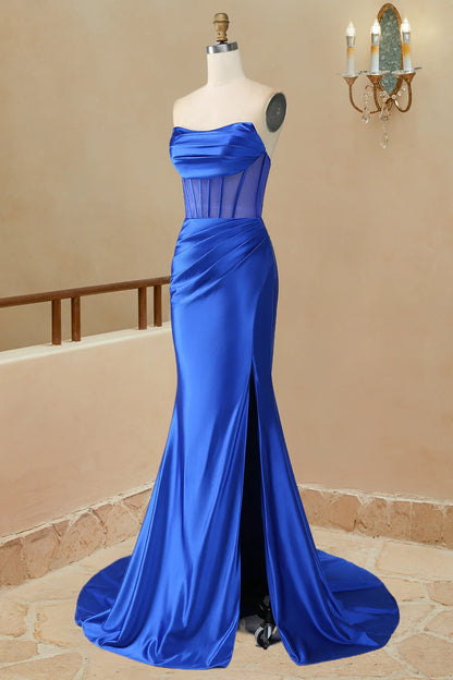 Sheath Satin Strapless Pleated Boning Sheer Long Prom Dress with Slit