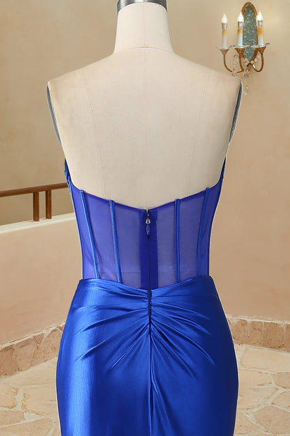 Sheath Satin Strapless Pleated Boning Sheer Long Prom Dress with Slit