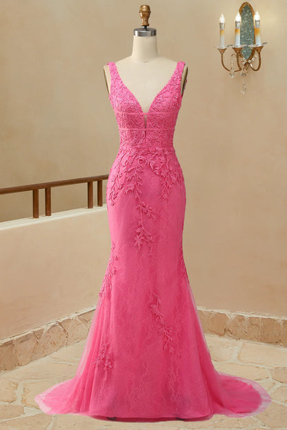 V Neck Prom Dresses Mermaid Lace With Applique And Sash Sweep Train