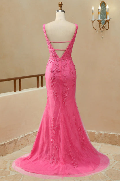 V Neck Prom Dresses Mermaid Lace With Applique And Sash Sweep Train