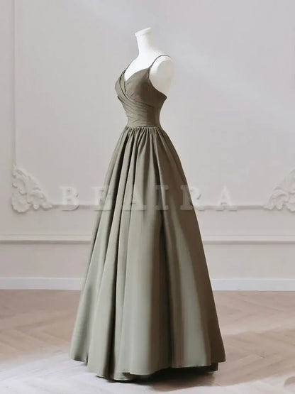 Beaira A-Line V Neck Satin Olive Green Long Prom Dress Long Evening Dress prom shop dresses
