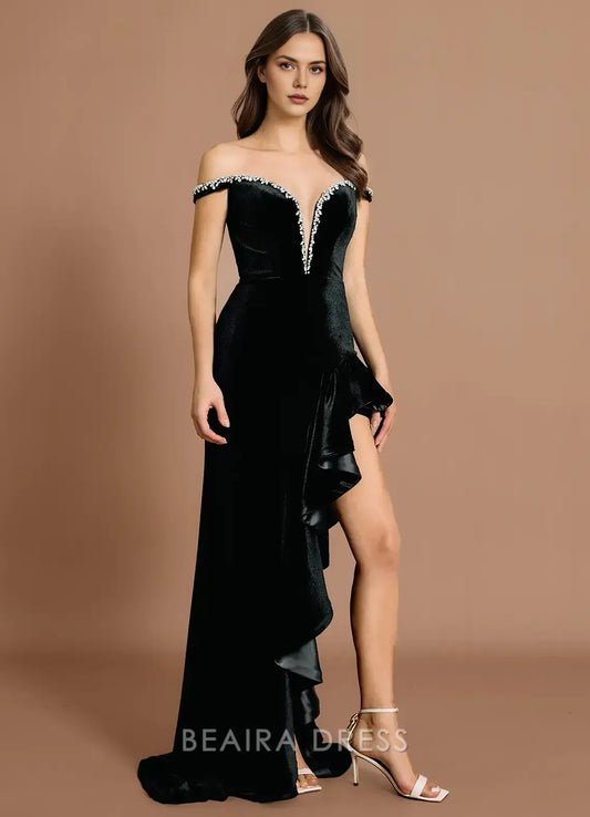 Elegant Off - Shoulder Velvet Maxi Dress with Embellished Neckline and Side Ruffle Prom Dress