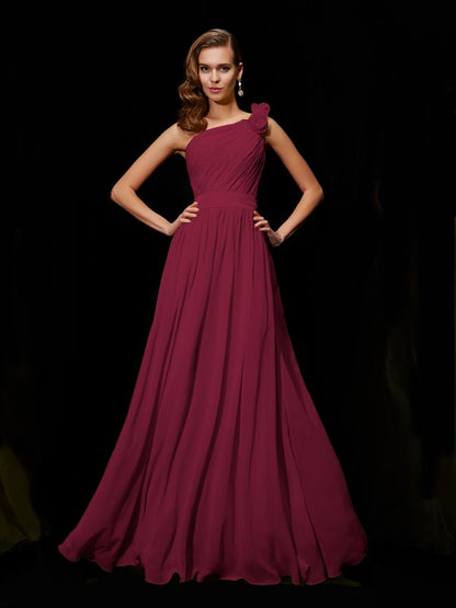 A-Line/Princess One-Shoulder Sleeveless Hand-Made Flower Long Chiffon Bridesmaid Dresses