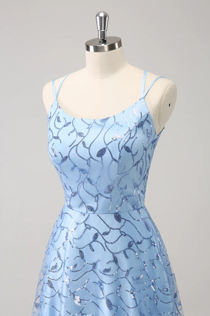 Sparkly Blue Spaghetti Straps Sequins Lace Up Back Bridesmaid Dress with Slit