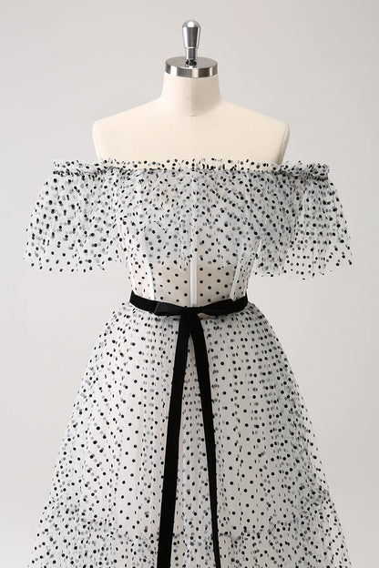 White Black A-Line Dot Off-the-Shoulder Prom Dress