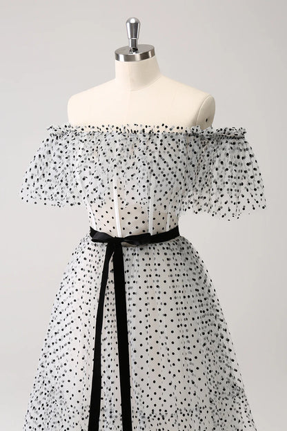 White Black A-Line Dot Off-the-Shoulder Prom Dress
