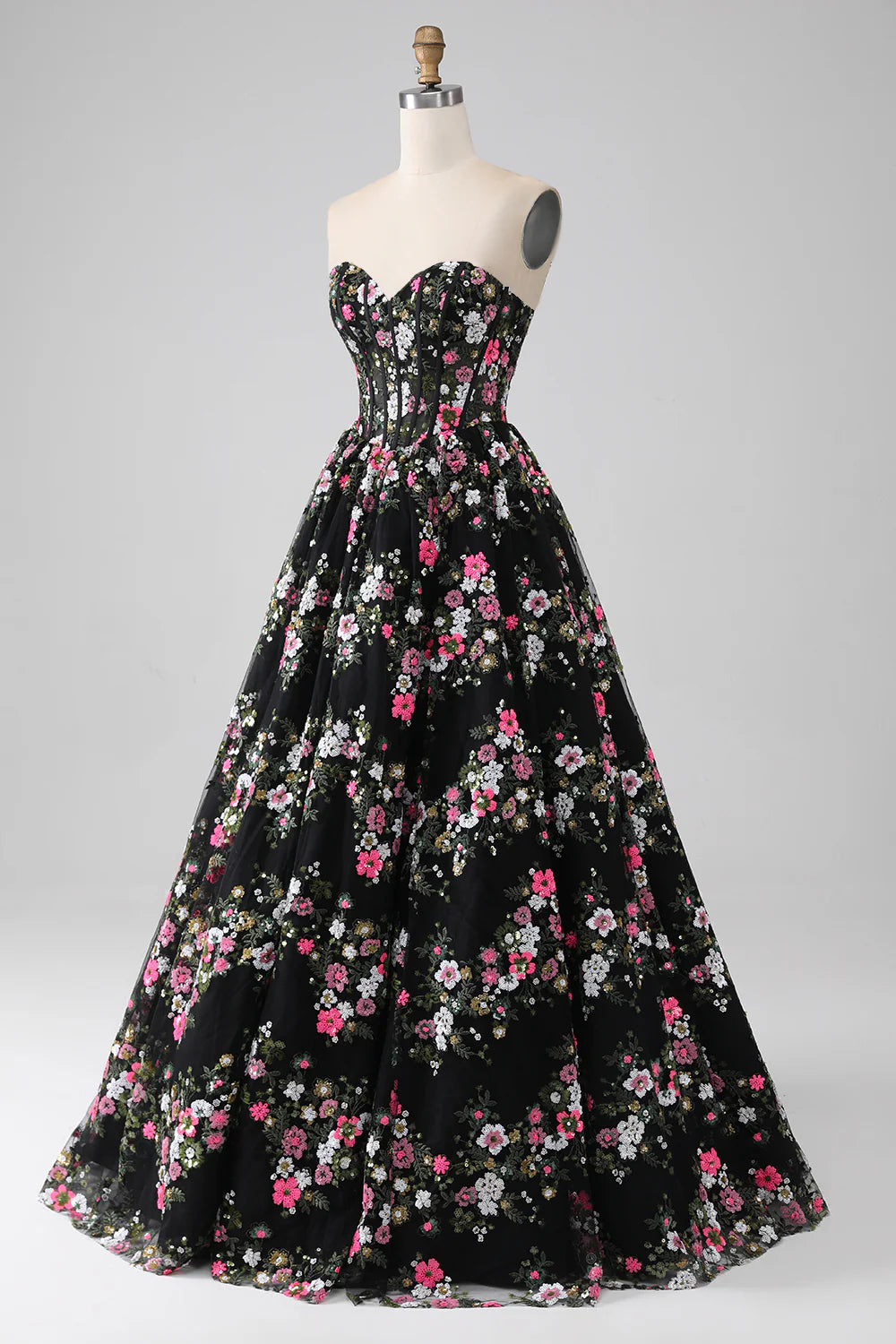 Black A Line Sweetheart Corset Prom Dress with Appliques