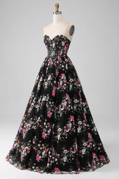 Black A Line Sweetheart Corset Prom Dress with Appliques