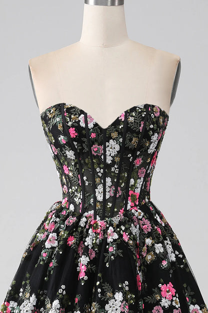 Black A Line Sweetheart Corset Prom Dress with Appliques
