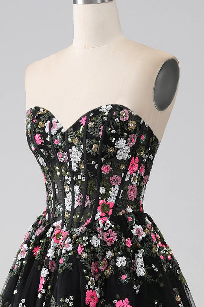 Black A Line Sweetheart Corset Prom Dress with Appliques