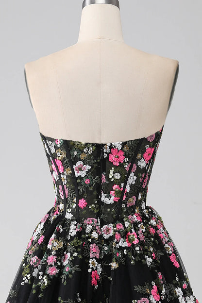 Black A Line Sweetheart Corset Prom Dress with Appliques