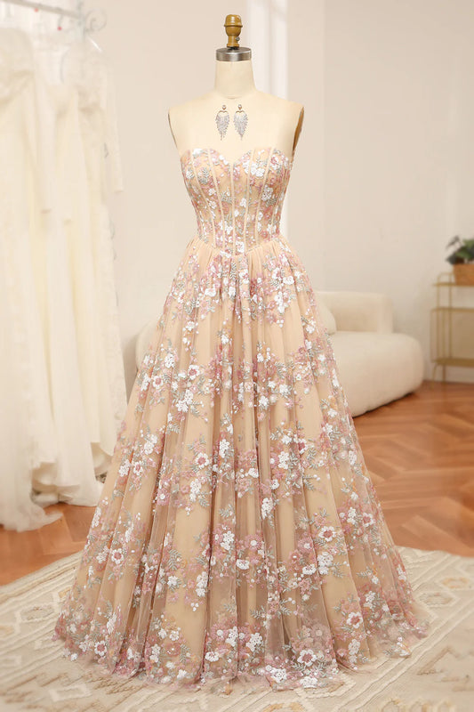 Champagne A Line Sweetheart Corset Prom Dress with Appliques