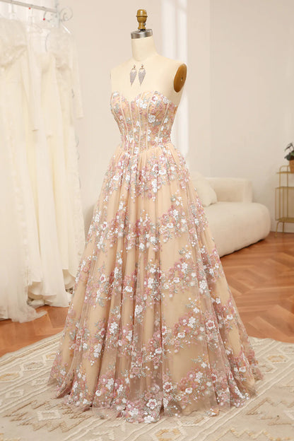 Champagne A Line Sweetheart Corset Prom Dress with Appliques