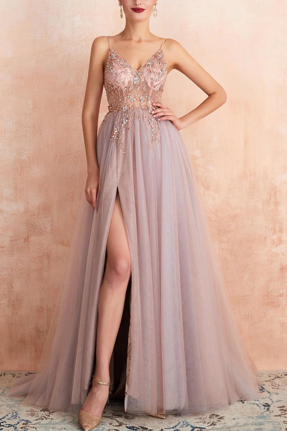 Spaghetti Straps Slit Tulle Prom Dress