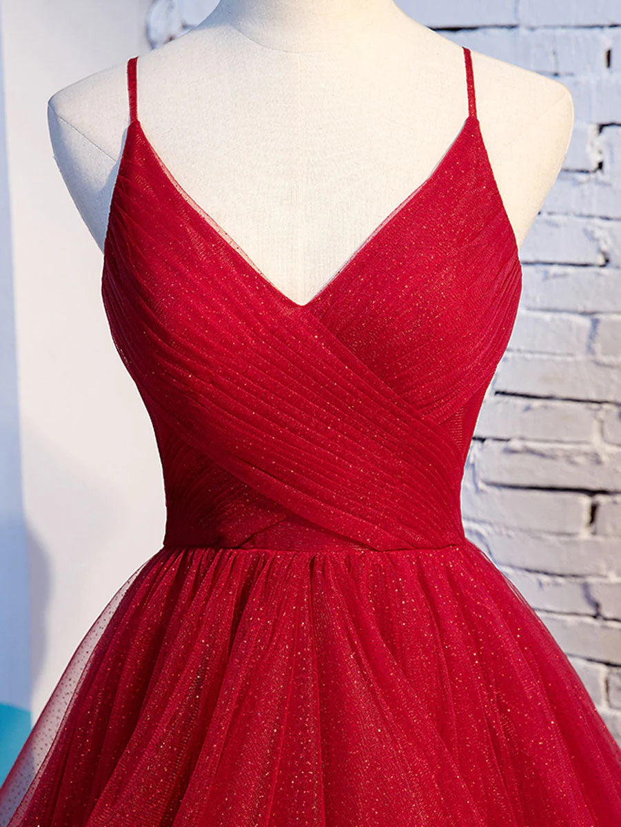 A line Red Ruffles Spaghetti Straps V Neck Prom Dresses Backless Long Evening Dresses