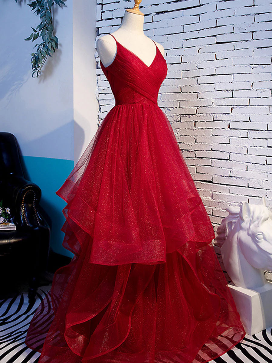 A line Red Ruffles Spaghetti Straps V Neck Prom Dresses Backless Long Evening Dresses