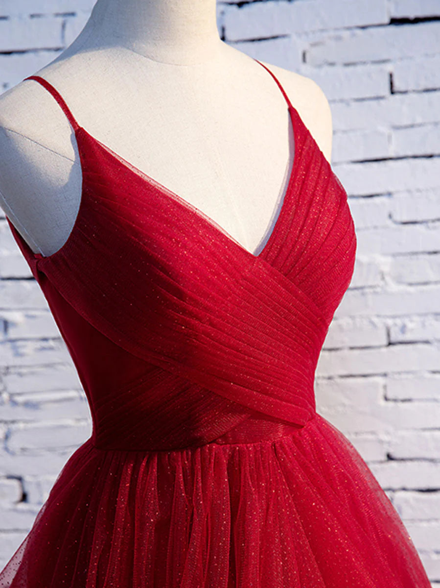 A line Red Ruffles Spaghetti Straps V Neck Prom Dresses Backless Long Evening Dresses