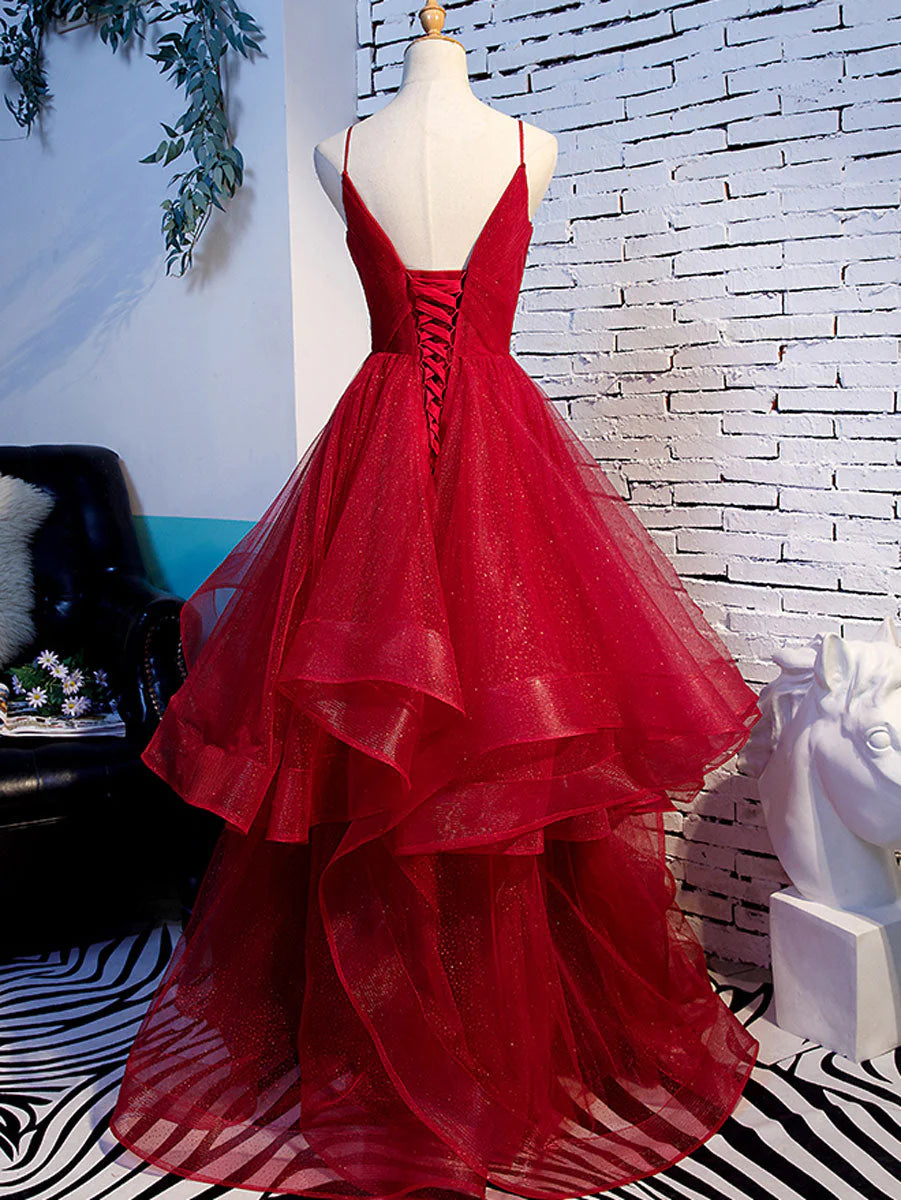 A line Red Ruffles Spaghetti Straps V Neck Prom Dresses Backless Long Evening Dresses