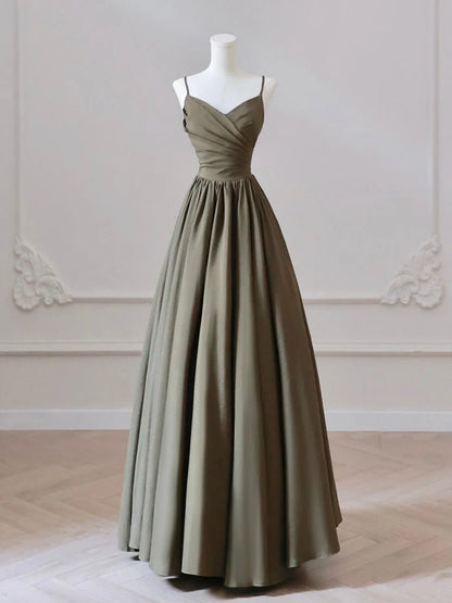 Beaira A-Line V Neck Satin Olive Green Long Prom Dress Long Evening Dress prom shop dresses