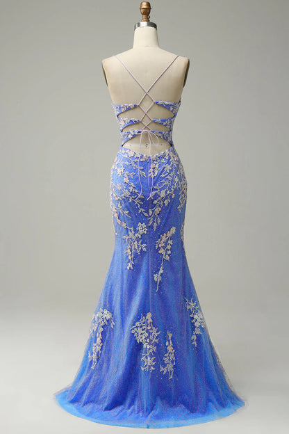 Beaira Mermaid V Neck Light Blue Long Prom Dress with Appliques Beading