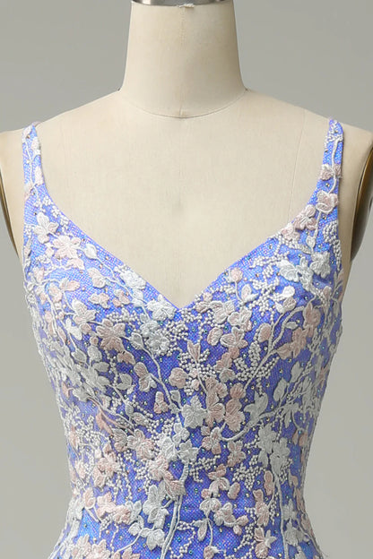 Beaira Mermaid V Neck Light Blue Long Prom Dress with Appliques Beading