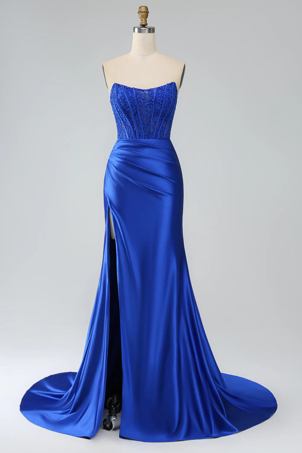 Beaira Royal Blue Mermaid Strapless Long Corset Prom Dress with Slit