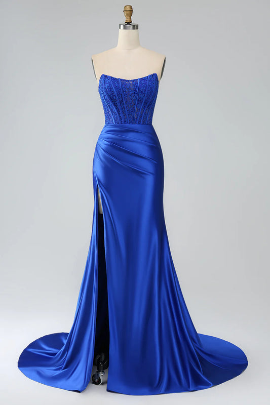 Beaira Royal Blue Mermaid Strapless Long Corset Prom Dress with Slit