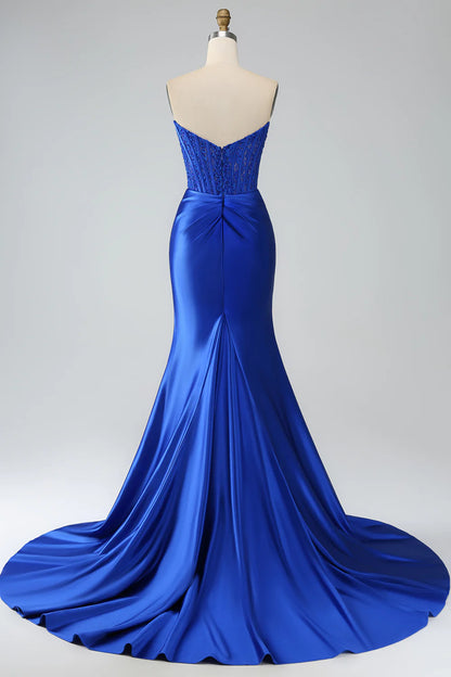 Beaira Royal Blue Mermaid Strapless Long Corset Prom Dress with Slit