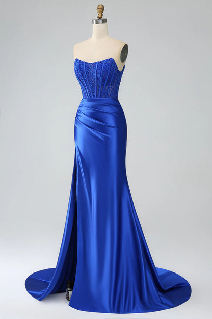 Beaira Royal Blue Mermaid Strapless Long Corset Prom Dress with Slit