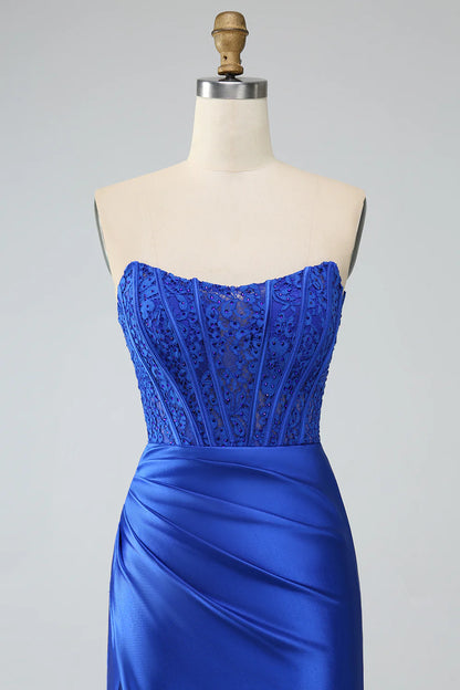 Beaira Royal Blue Mermaid Strapless Long Corset Prom Dress with Slit