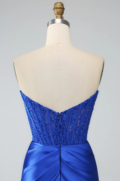 Beaira Royal Blue Mermaid Strapless Long Corset Prom Dress with Slit