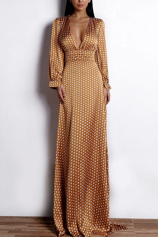 Women's Printed Wrap V Neck Bishop Long Sleeve Ruffle Hem A Line Long Dress Yellow Polka Dots Long Sleeves Bohemian Dress