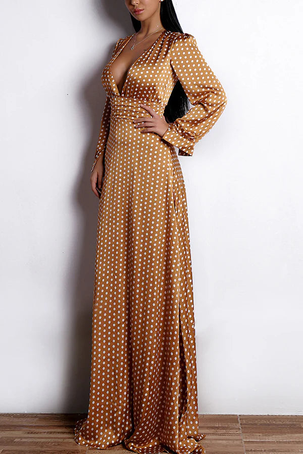Women's Printed Wrap V Neck Bishop Long Sleeve Ruffle Hem A Line Long Dress Yellow Polka Dots Long Sleeves Bohemian Dress
