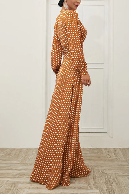 Women's Printed Wrap V Neck Bishop Long Sleeve Ruffle Hem A Line Long Dress Yellow Polka Dots Long Sleeves Bohemian Dress