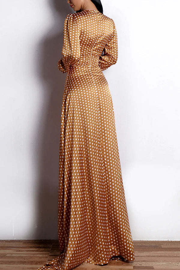 Women's Printed Wrap V Neck Bishop Long Sleeve Ruffle Hem A Line Long Dress Yellow Polka Dots Long Sleeves Bohemian Dress