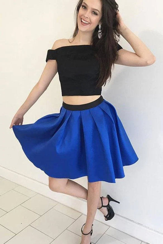 A-Line Black And Blue Satin Two Piece Off the Shoulder Homecoming Short Cocktail Dresses