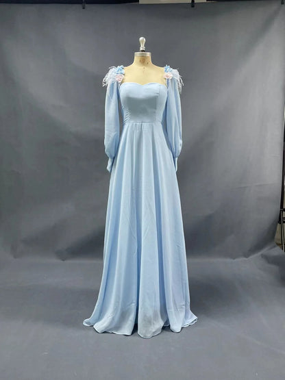 A Line Blue Long Sleeves Sweetheart Prom Dresses With Flower