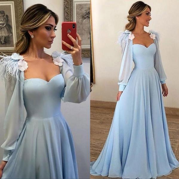 A Line Blue Long Sleeves Sweetheart Prom Dresses With Flower