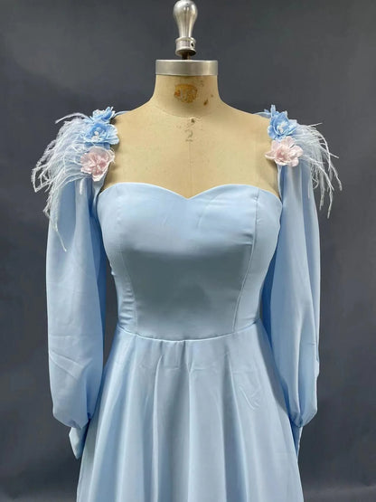 A Line Blue Long Sleeves Sweetheart Prom Dresses With Flower