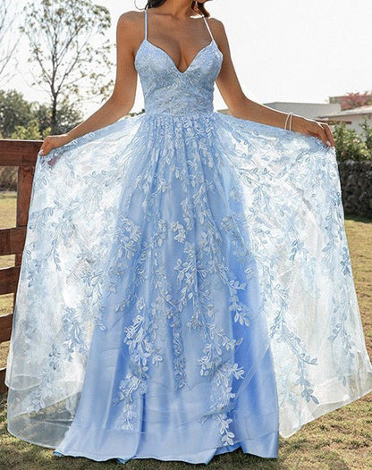V Neck Backless Lace Appliques Prom Dresses Simple Evening Dresses