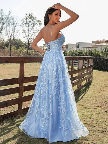 V Neck Backless Lace Appliques Prom Dresses Simple Evening Dresses