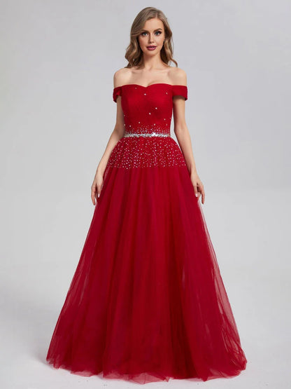 A Line Burgundy Off the Shoulder Lace up Tulle Sweetheart Floor-Length Prom Dresses