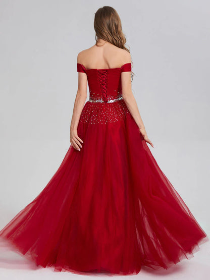 A Line Burgundy Off the Shoulder Lace up Tulle Sweetheart Floor-Length Prom Dresses