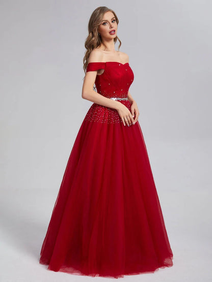 A Line Burgundy Off the Shoulder Lace up Tulle Sweetheart Floor-Length Prom Dresses